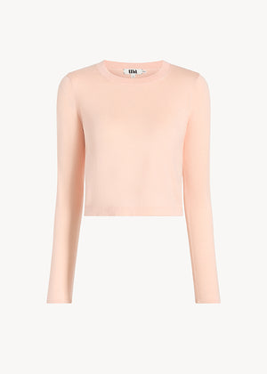 UNA Lab Collins cropped merino wool-silk crewneck sweater in Blush, front view.