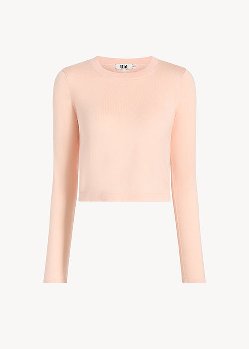 UNA Lab Collins cropped merino wool-silk crewneck sweater in Blush, front view.