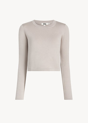 UNA Lab Collins cropped merino wool-silk crewneck sweater in Taupe, front view.