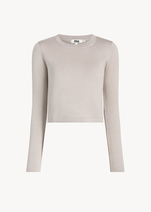 UNA Lab Collins cropped merino wool-silk crewneck sweater in Taupe, front view.