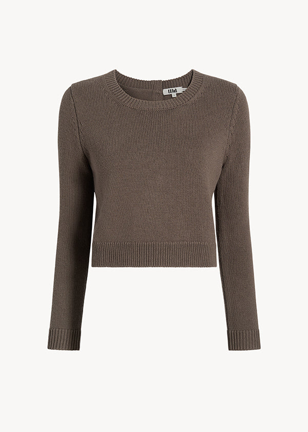 UNA Lab Claire chunky merino wool crewneck sweater in Light Brown, front view.
