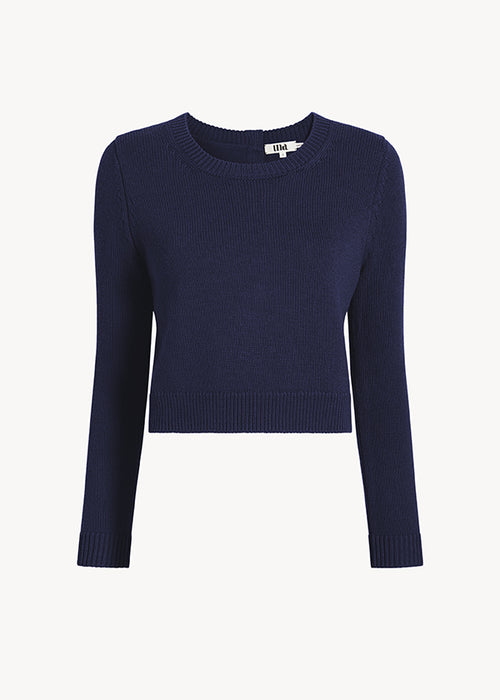 UNA Lab Claire chunky merino wool crewneck sweater in Navy, front view.
