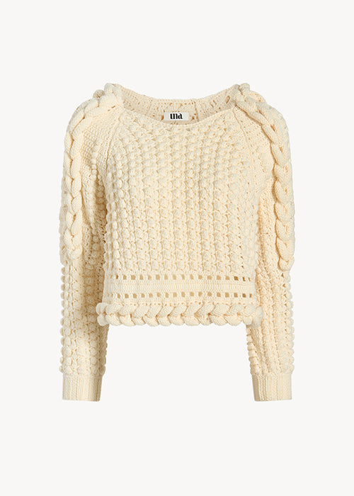 UNA Lab Aspen hand-knit merino hooded sweater in Cream, front view.