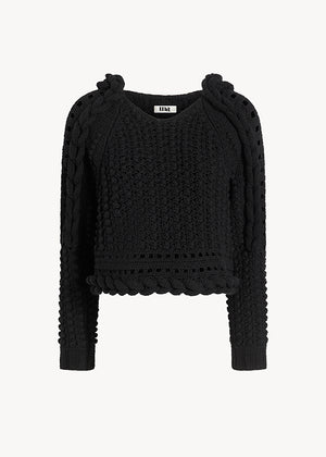 UNA Lab Aspen hand-knit merino hooded sweater in Black, front view.