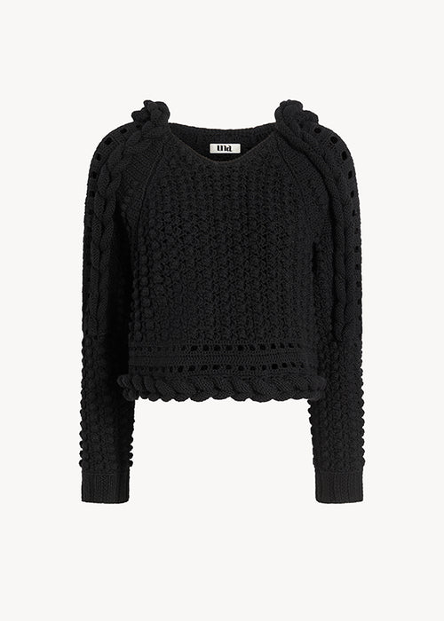 UNA Lab Aspen hand-knit merino hooded sweater in Black, front view.
