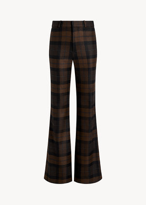UNA Lab Austin high-rise flared wool tartan trouser in Brown Tartan, front view.