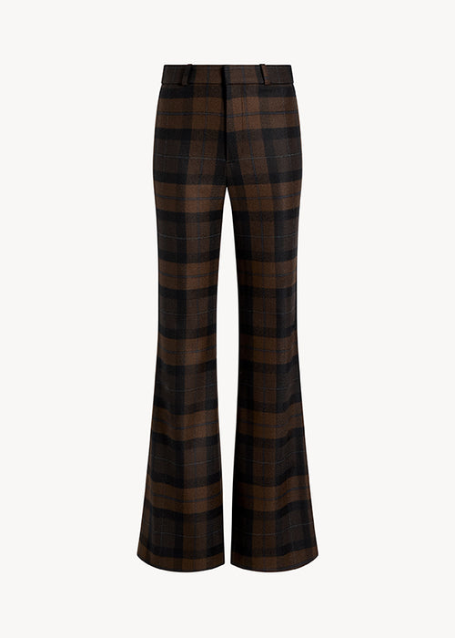 UNA Lab Austin high-rise flared wool tartan trouser in Brown Tartan, front view.