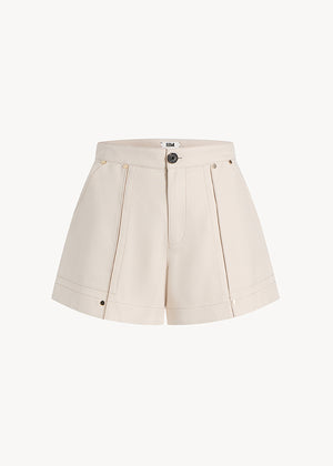UNA Lab Marley basketweave cotton twill short in Ecru, front view.