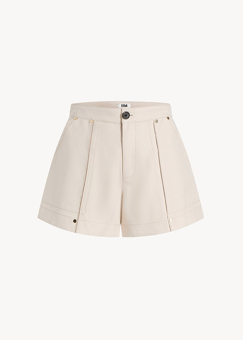 UNA Lab Marley basketweave cotton twill short in Ecru, front view.