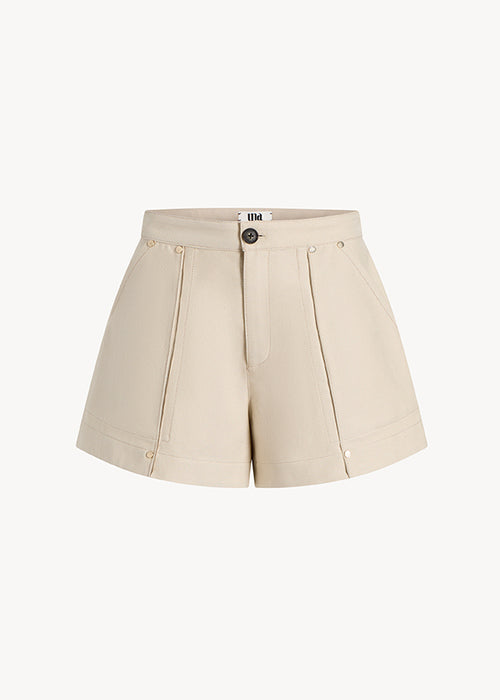 UNA Lab Marley basketweave cotton twill short in Khaki, front view.