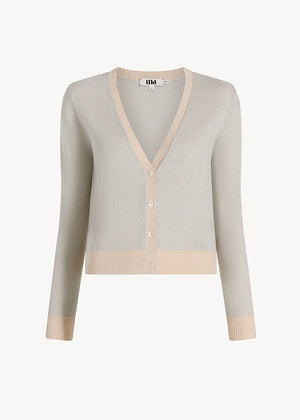 UNA Lab Scout V-neck merino wool herringbone cardigan in Oatmeal/Silver, front view.