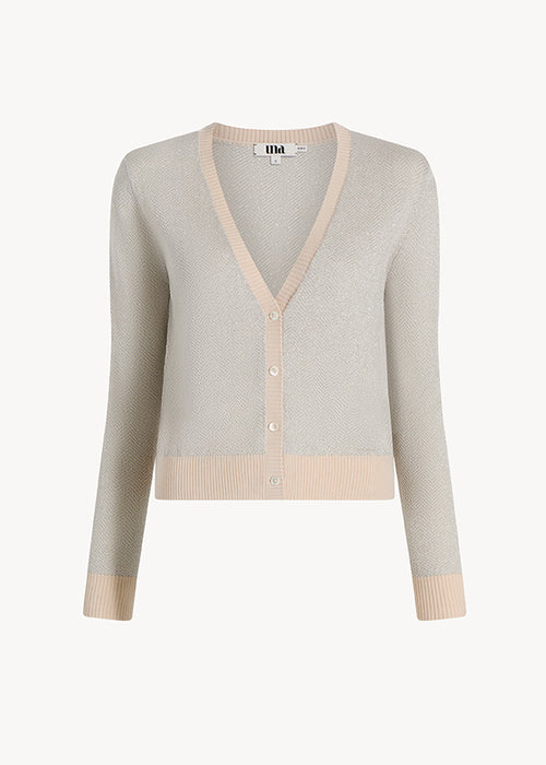 UNA Lab Scout V-neck merino wool herringbone cardigan in Oatmeal/Silver, front view.