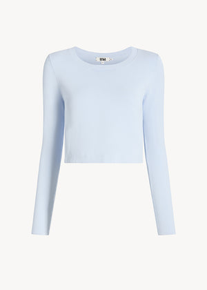 UNA Lab Daphne cropped viscose knit crewneck sweater in Blue Ice, front view.