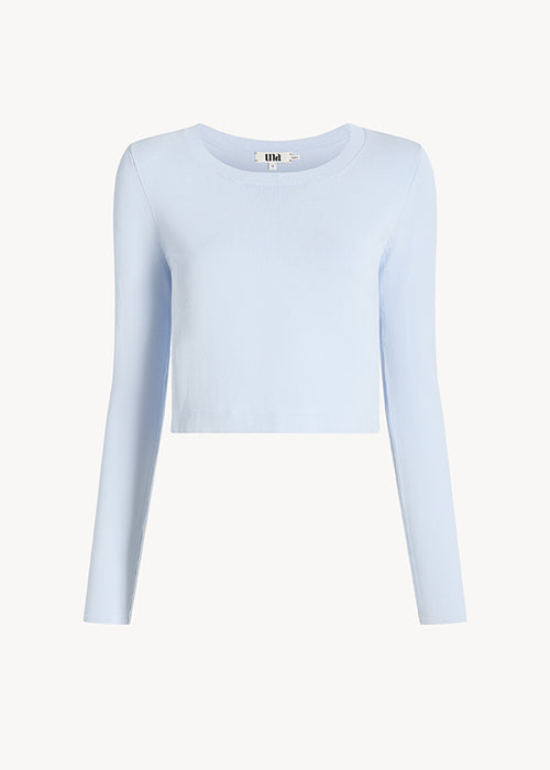 UNA Lab Daphne cropped viscose knit crewneck sweater in Blue Ice, front view.