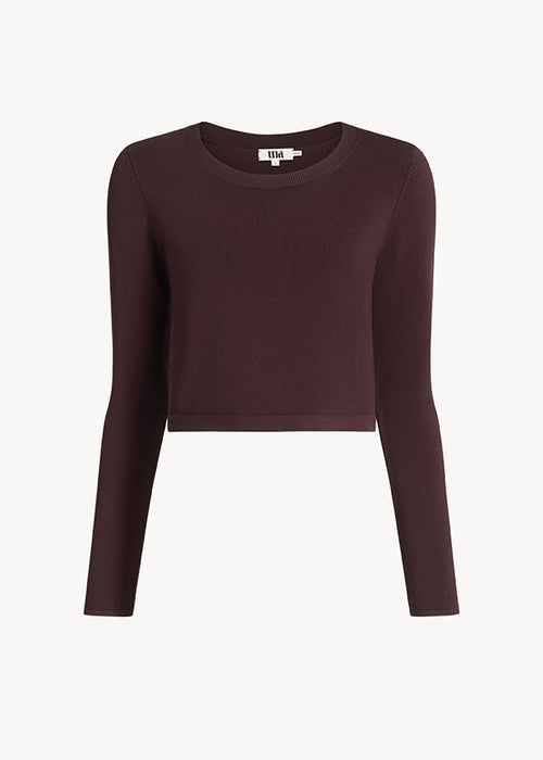 UNA Lab Daphne cropped viscose knit crewneck sweater in Burgundy, front view.