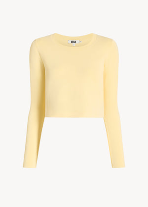 UNA Lab Daphne cropped viscose knit crewneck sweater in Butter, front view.