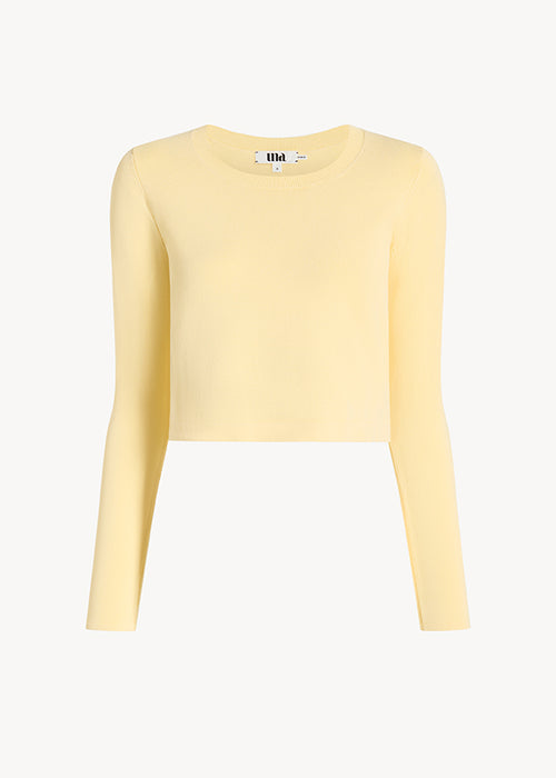 UNA Lab Daphne cropped viscose knit crewneck sweater in Butter, front view.