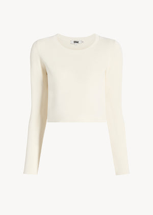 UNA Lab Daphne cropped viscose knit crewneck sweater in Cream, front view.