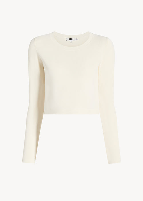 UNA Lab Daphne cropped viscose knit crewneck sweater in Cream, front view.