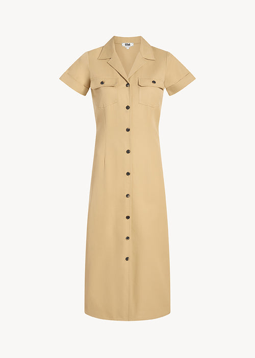UNA Lab Jacquelyn button-front cotton twill safari midi dress in Khaki, front view.