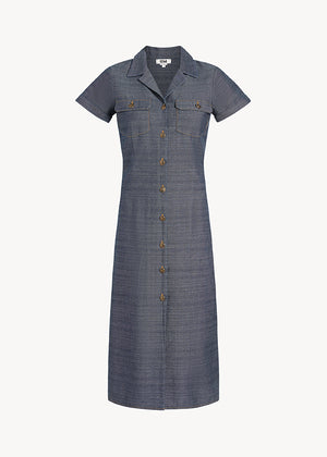 UNA Lab Jacquelyn button-front denim safari midi dress in Indigo, front view.