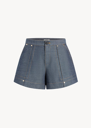 UNA Lab Marley structured denim short in Indigo, front view.