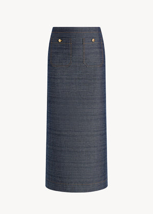 UNA Lab Taylor denim midi skirt with patch pockets in Indigo, front view.