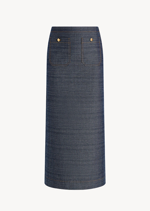 UNA Lab Taylor denim midi skirt with patch pockets in Indigo, front view.