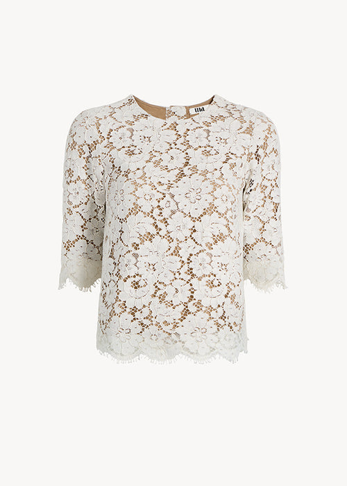 UNA Lab Rose three-quarter-sleeve lace crewneck blouse in Dark Ivory, front view.