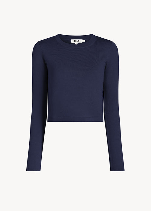 UNA Lab Collins cropped merino wool-silk crewneck sweater in Dark Navy, front view.