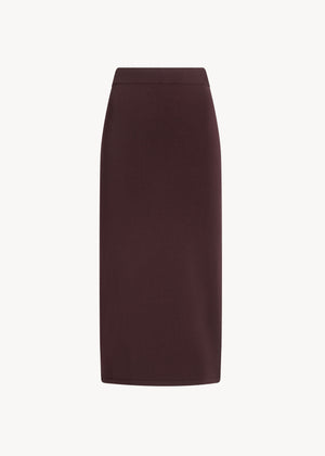 UNA Lab Lola fitted viscose knit midi skirt in Burgundy, front view.