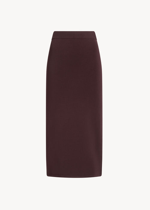 UNA Lab Lola fitted viscose knit midi skirt in Burgundy, front view.