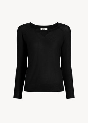 UNA Lab Chase relaxed raglan merino wool crewneck in Black, front view.