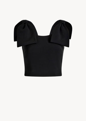 UNA Lab Noa cropped stretch crepe bow tank in Black, front view.