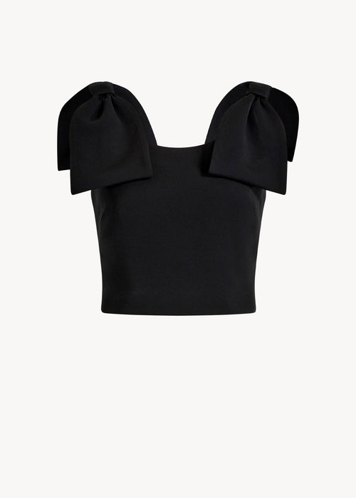 UNA Lab Noa cropped stretch crepe bow tank in Black, front view.