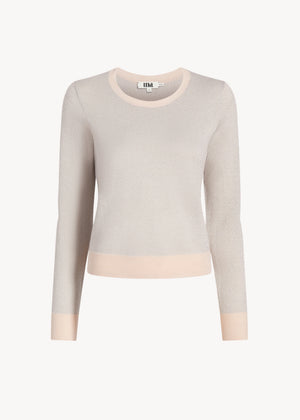 UNA Lab Parker merino wool lurex herringbone crewneck in Oatmeal/Silver, front view.