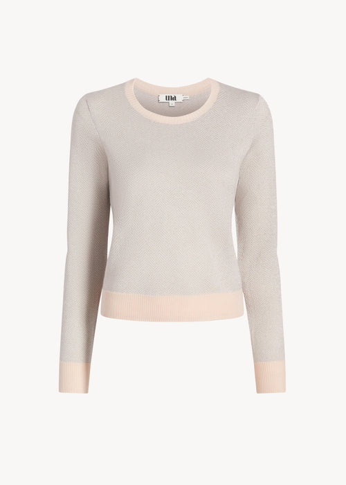 UNA Lab Parker merino wool lurex herringbone crewneck in Oatmeal/Silver, front view.