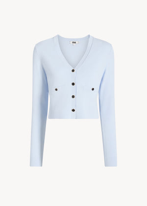 UNA Lab Inez V-neck viscose knit cardigan in Blue Ice, front view.
