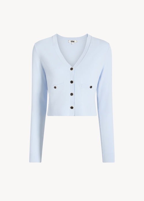UNA Lab Inez V-neck viscose knit cardigan in Blue Ice, front view.