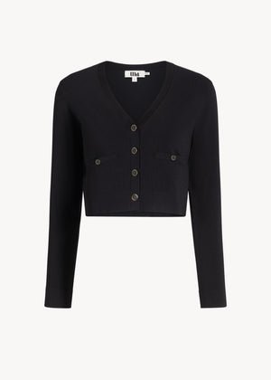 UNA Lab Inez V-neck viscose knit cardigan in Black, front view.
