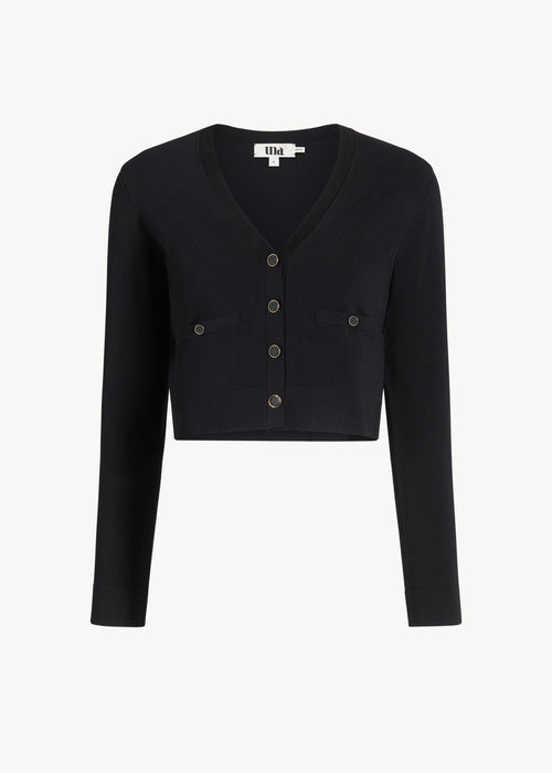 UNA Lab Inez V-neck viscose knit cardigan in Black, front view.