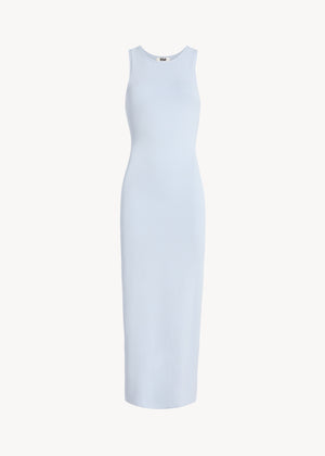 UNA Lab Paloma fitted viscose knit tank dress in Blue Ice, front view.