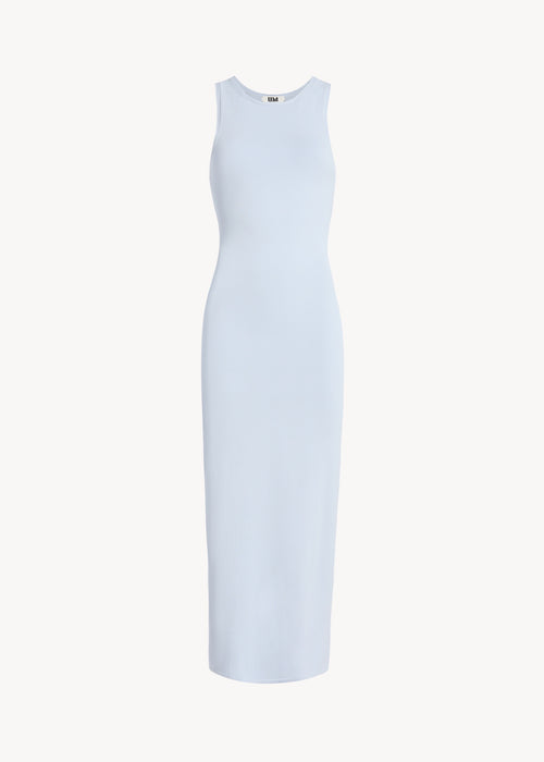 UNA Lab Paloma fitted viscose knit tank dress in Blue Ice, front view.