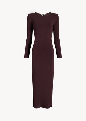 UNA Lab Willow fitted long-sleeve viscose knit dress in Burgundy, front view.