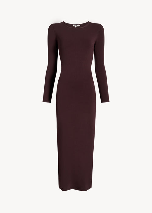 UNA Lab Willow fitted long-sleeve viscose knit dress in Burgundy, front view.